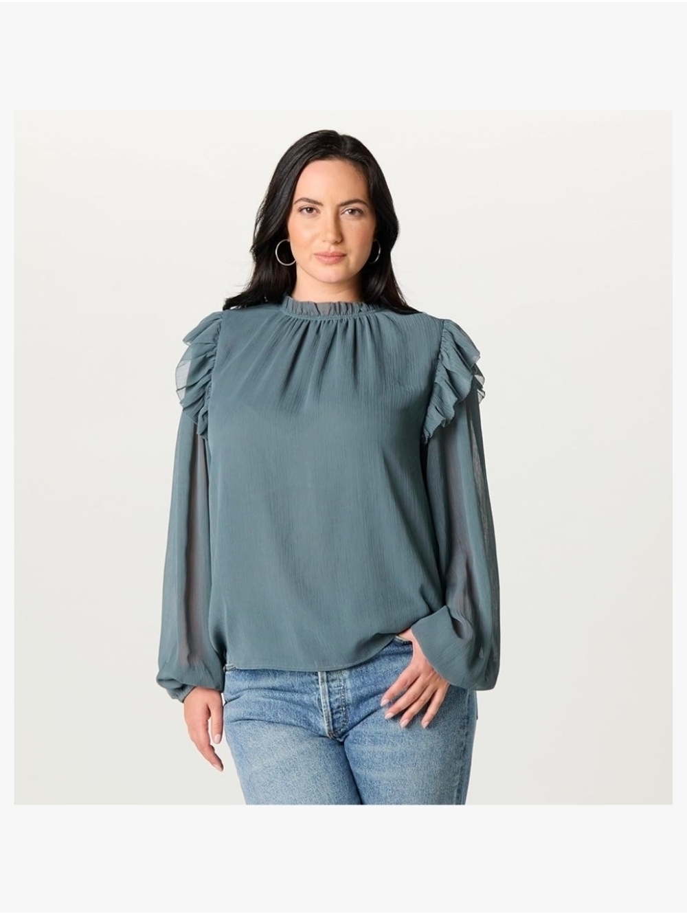 The Drop - Slate Blue Ruffled Shoulder Sheer Long-Sleeve Blouse - Picture 1 of 8